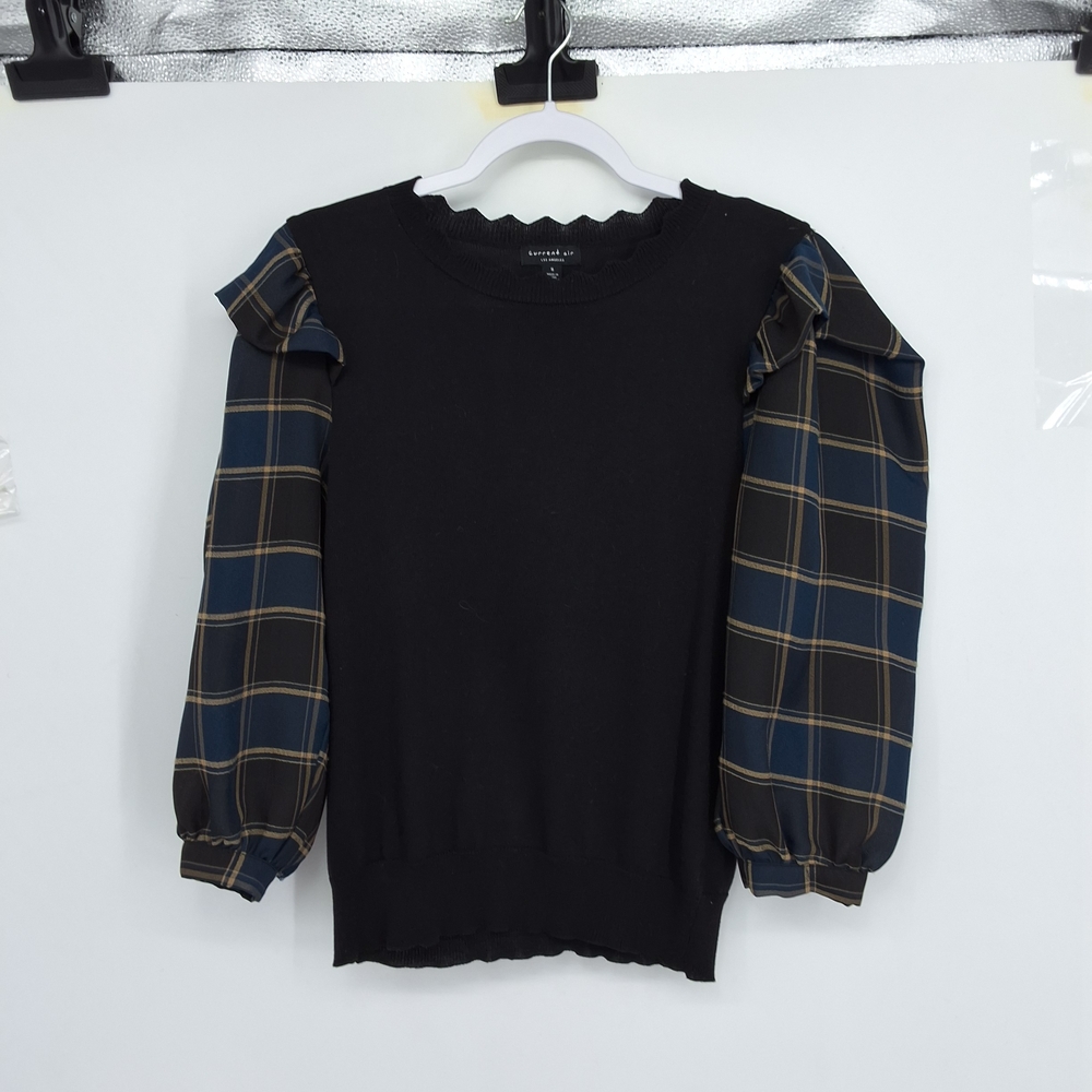 Current Air Black Top with Plaid Sleeves